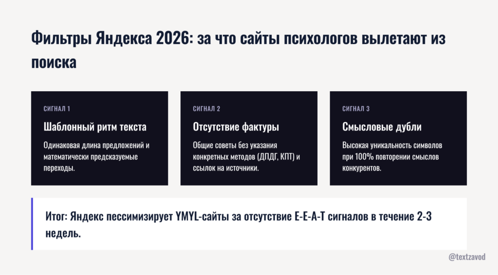 Фильтры Яндекса 2026: за что сайты психологов вылетают из поиска