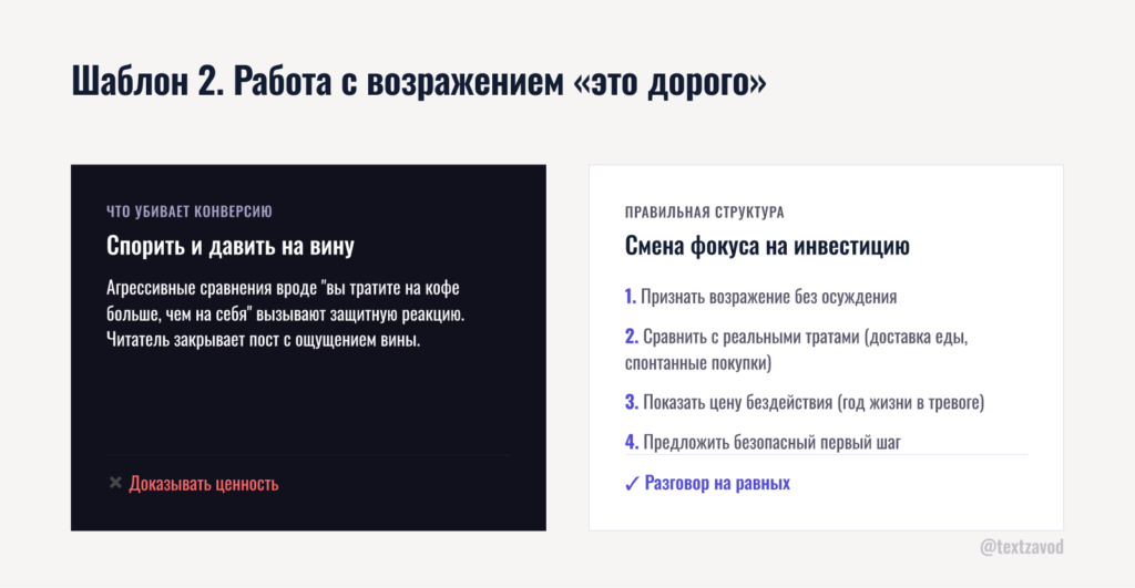 Шаблон 2. Работа с возражением «это дорого»