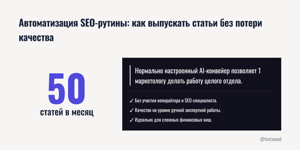 Автоматизация SEO-рутины: как выпускать 50 статей в месяц силами одного маркетолога