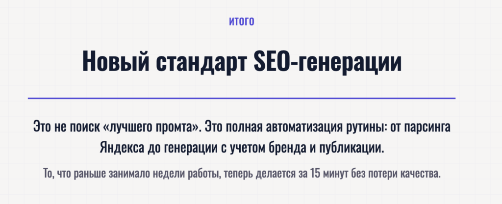 Новый способ генерировать SEO статьи — это не «лучший промт для ChatGPT». Это полный цикл: парсинг реальной выдачи Яндекса, анализ каждого конкурента, контент-план с частотностью из Wordstat, генерация с контекстом компании и ниши, автоматическая проверка качества и публикация на сайт.