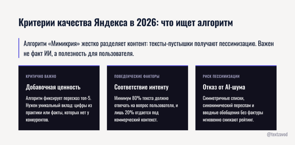 Критерии качества Яндекса в 2026: что ищет алгоритм