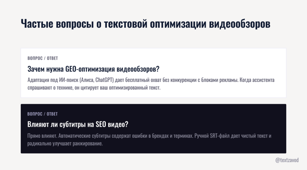 Частые вопросы о текстовой оптимизации видеообзоров