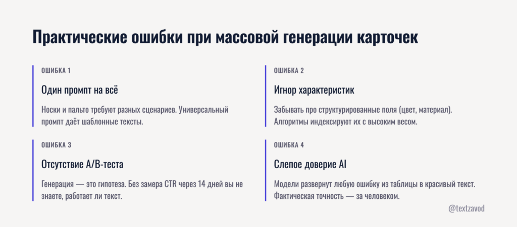 Практические ошибки при массовой генерации карточек