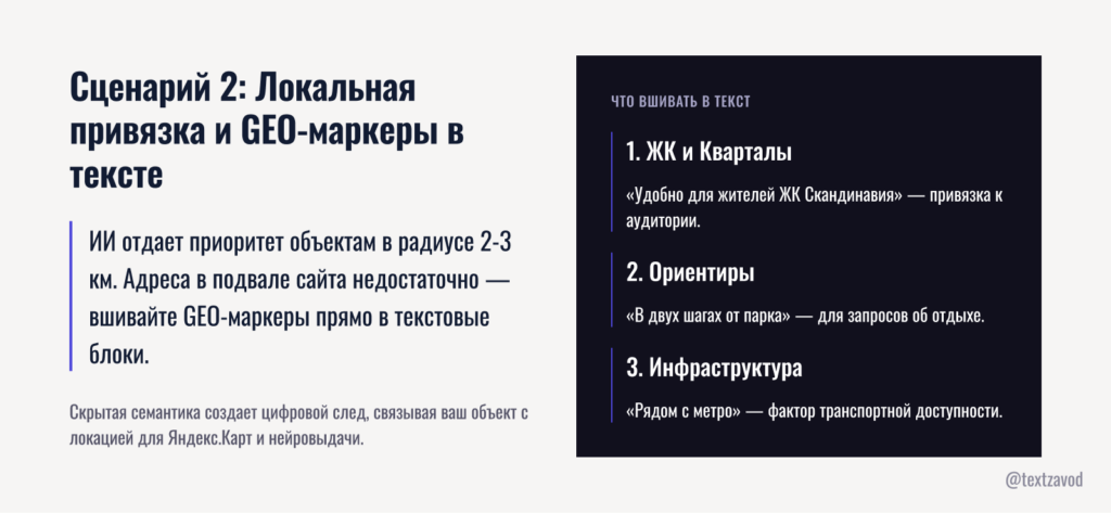 Сценарий 2: Локальная привязка и GEO-маркеры в тексте