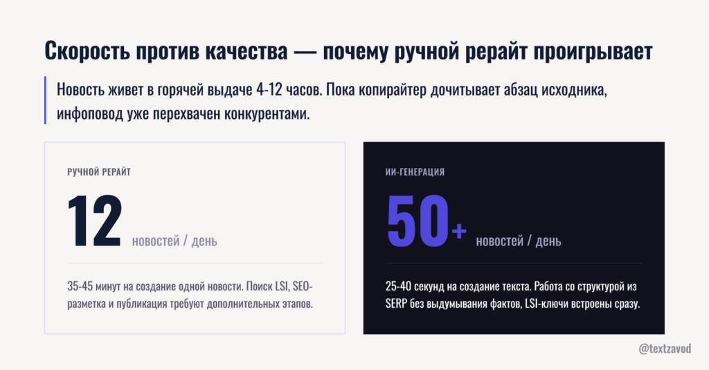 Скорость против качества — почему ручной рерайт новостей проигрывает