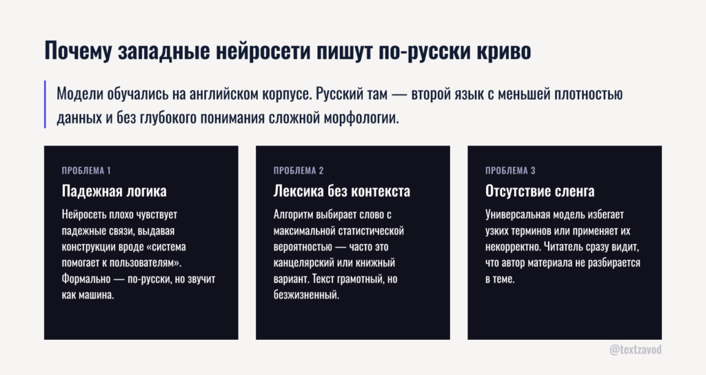 Почему западные нейросети пишут по-русски криво