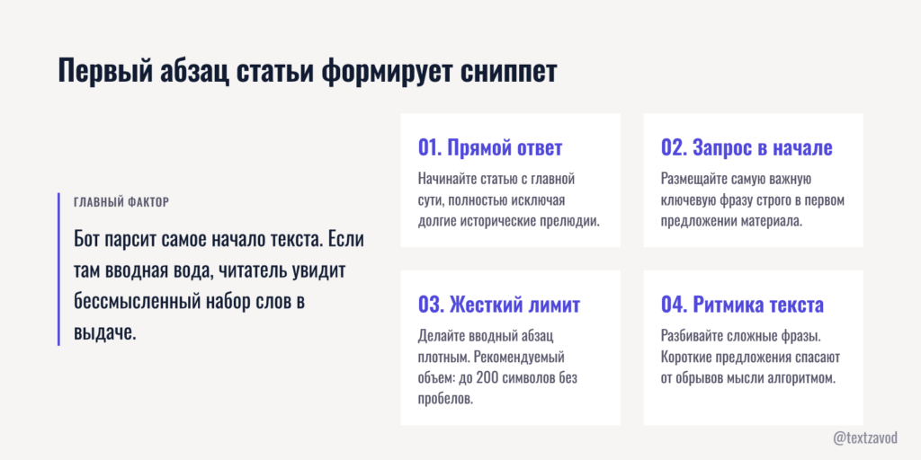 Первый абзац статьи важнее meta description для формирования сниппета