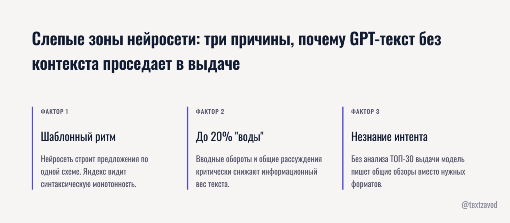 Слепые зоны нейросети: три причины, почему GPT-текст без контекста проседает в выдаче