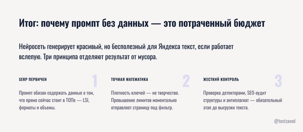 Итог: почему промпт без данных — это потраченный бюджет