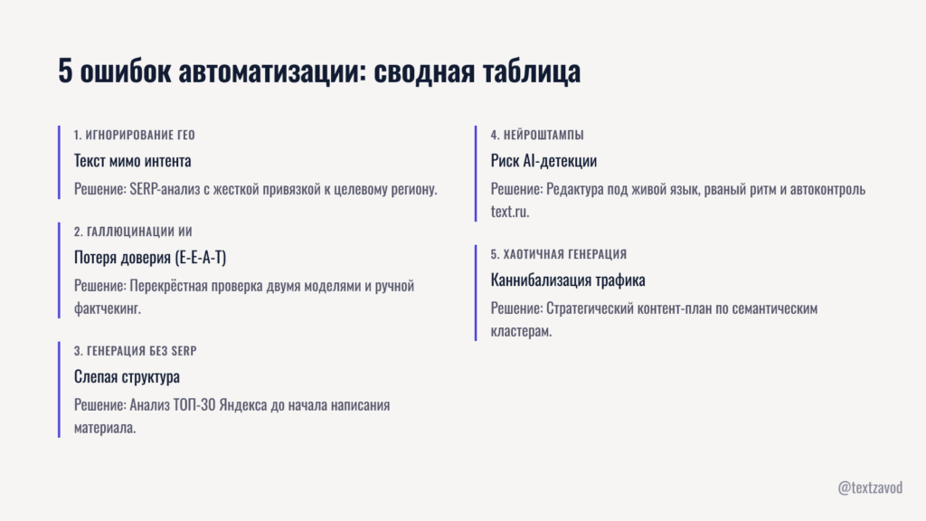 5 ошибок автоматизации: сводная таблица