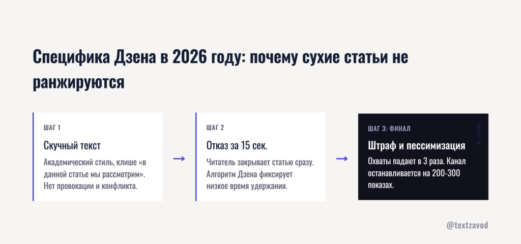 Специфика Дзена в 2026 году: почему сухие статьи не ранжируются