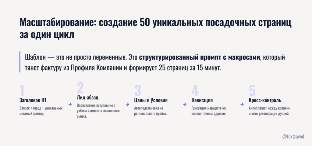 Масштабирование: создание 50 уникальных посадочных страниц за один цикл