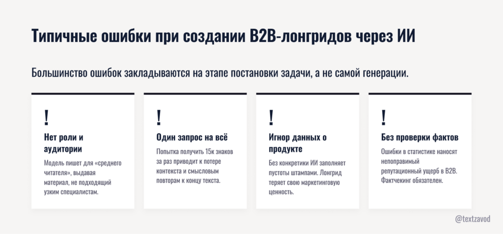Типичные ошибки при создании B2B-лонгридов через ИИ